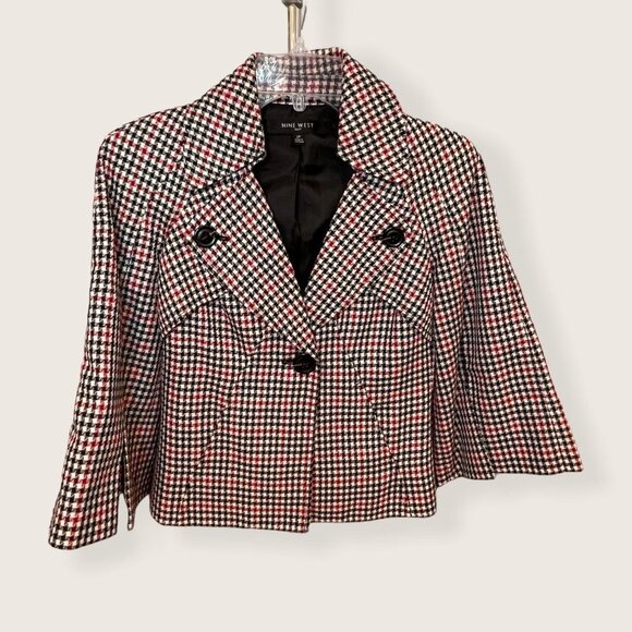 Nine West Black White Red Single Button Lined Houndstooth Jacket Sz 2P - Picture 1 of 6